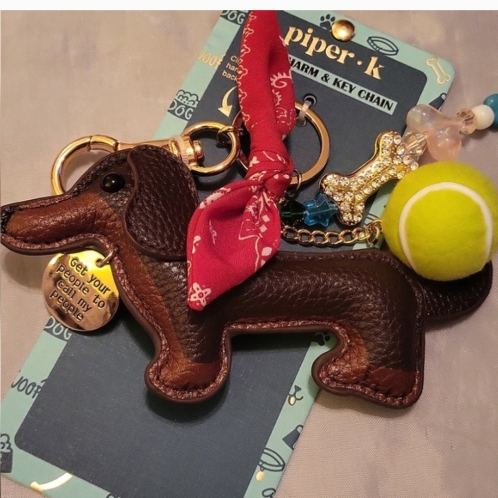 Piper K Dachshund Dog Keychain with Red Bandana, Ball, Bone BNIB HL TL